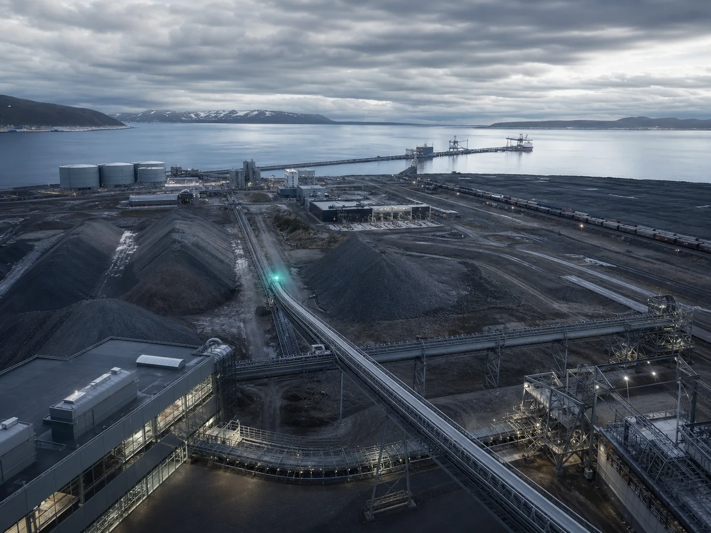 A modern natural resources facility connected to port and rail infrastructure